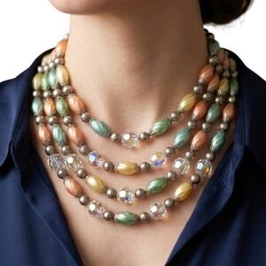 Vintage 4 Strand Statement Necklace Pastel Lucite Moonglow Bead Aurora Borealis